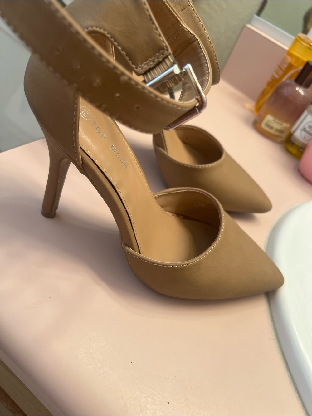 TOP Moda Tan Pointed Ankle-Strap Stiletto Pumps